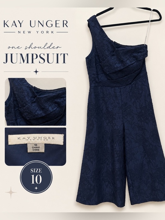 Kay Unger Pants - Kay Unger Navy One-Shoulder Lace Jumpsuit